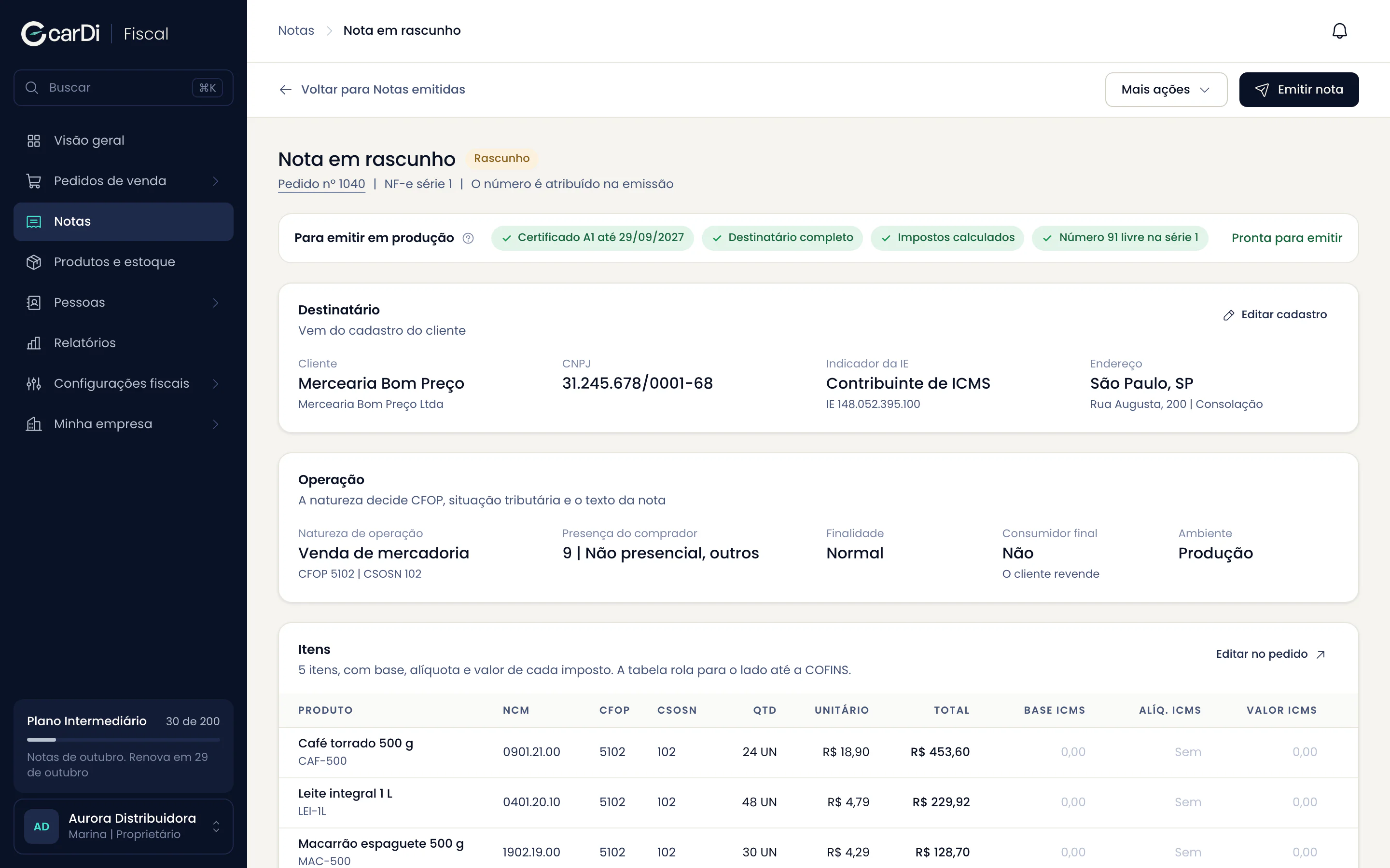 Nota em rascunho com o painel Pronta para emitir, o destinatário e os valores calculados