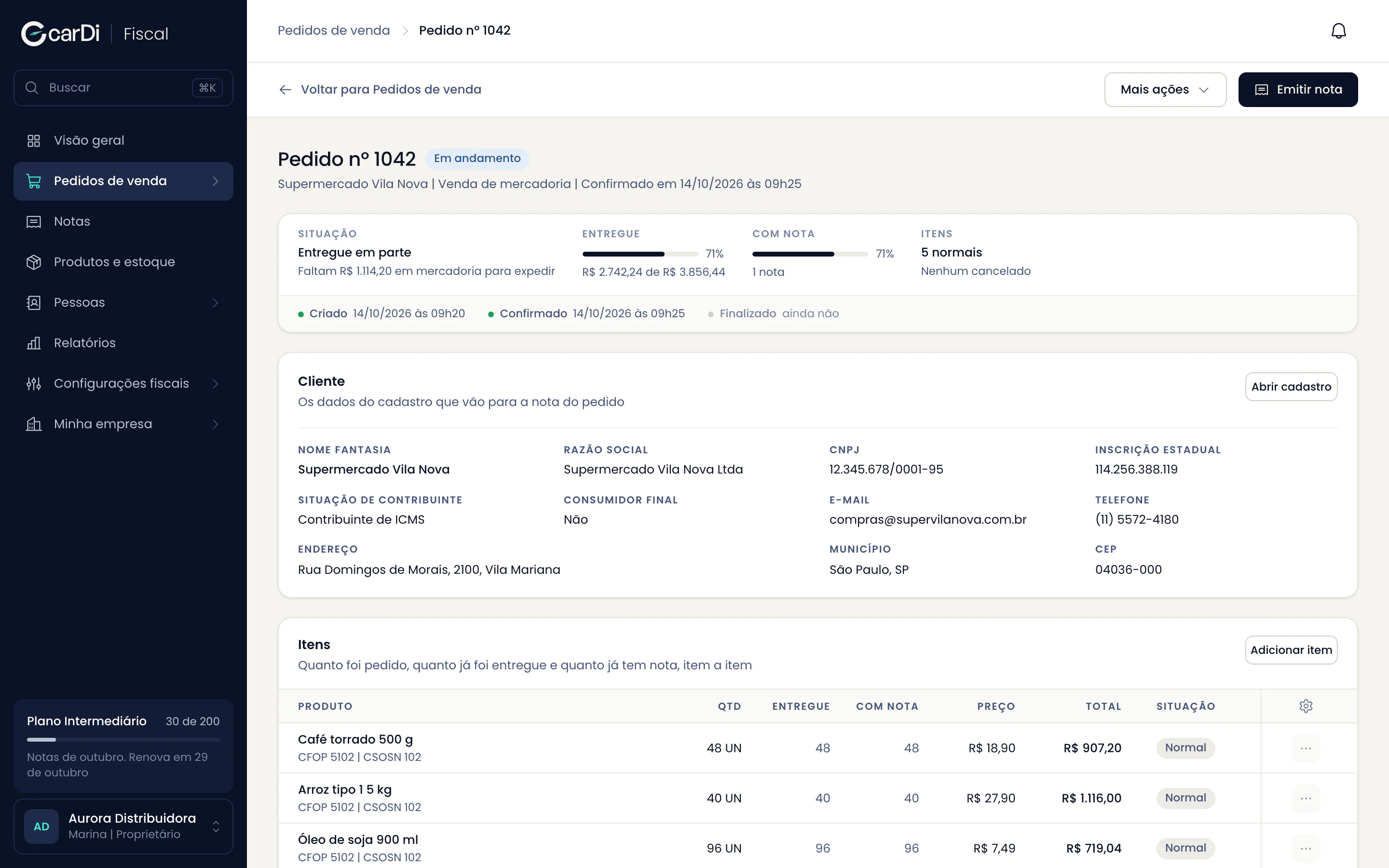Pedido de venda em andamento, com itens, pagamento em boleto e o resumo do pedido